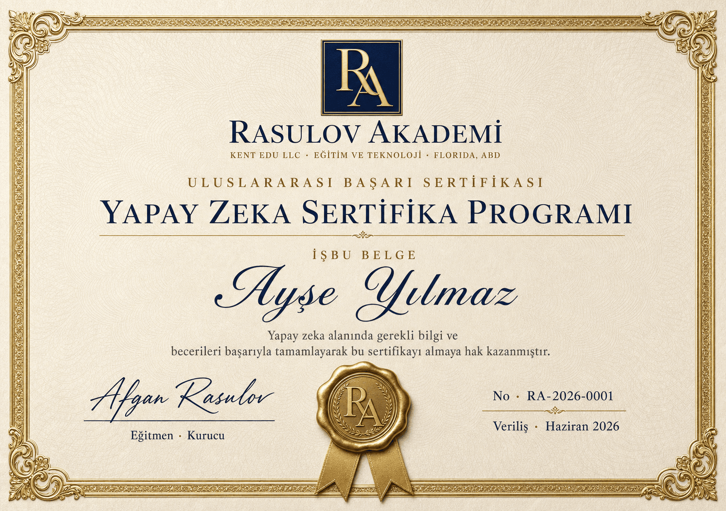 Rasulov Akademi Yapay Zeka Sertifika Programı örnek sertifikası — Kent Edu LLC, ABD menşeli uluslararası belge